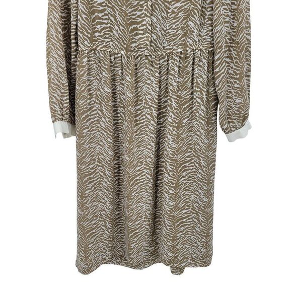 Vtg 70s Tan Zebra Long Sleeve Collared Midi Dress Sz S‎ Sheer Modest Church - Picture 6 of 10